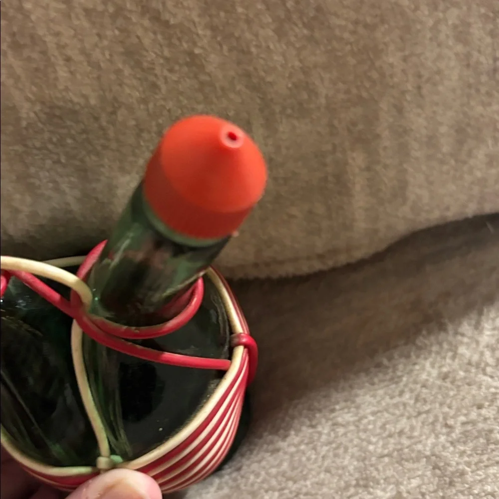 Vintage Green Glass Oil and Vinegar Bottles with Red White wrap made in Italy